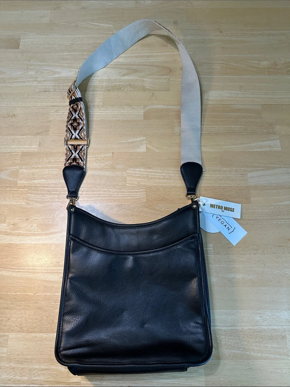 Metro Black Vegan Leather Crossbody with Patterned Strap